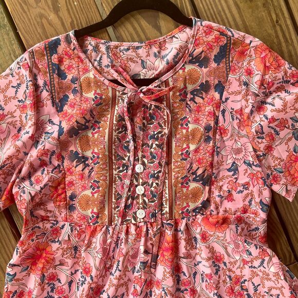 NWOT Shein Vcay Floral Tie Collar Dress - Ruffle Hem - Short Sleeve - Large - Picture 3 of 8